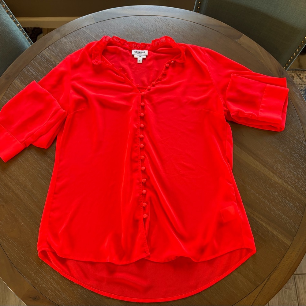 Express Hot Coral - Button-Front Blouse | Puff Sleeve Ruffle Trim | Size L